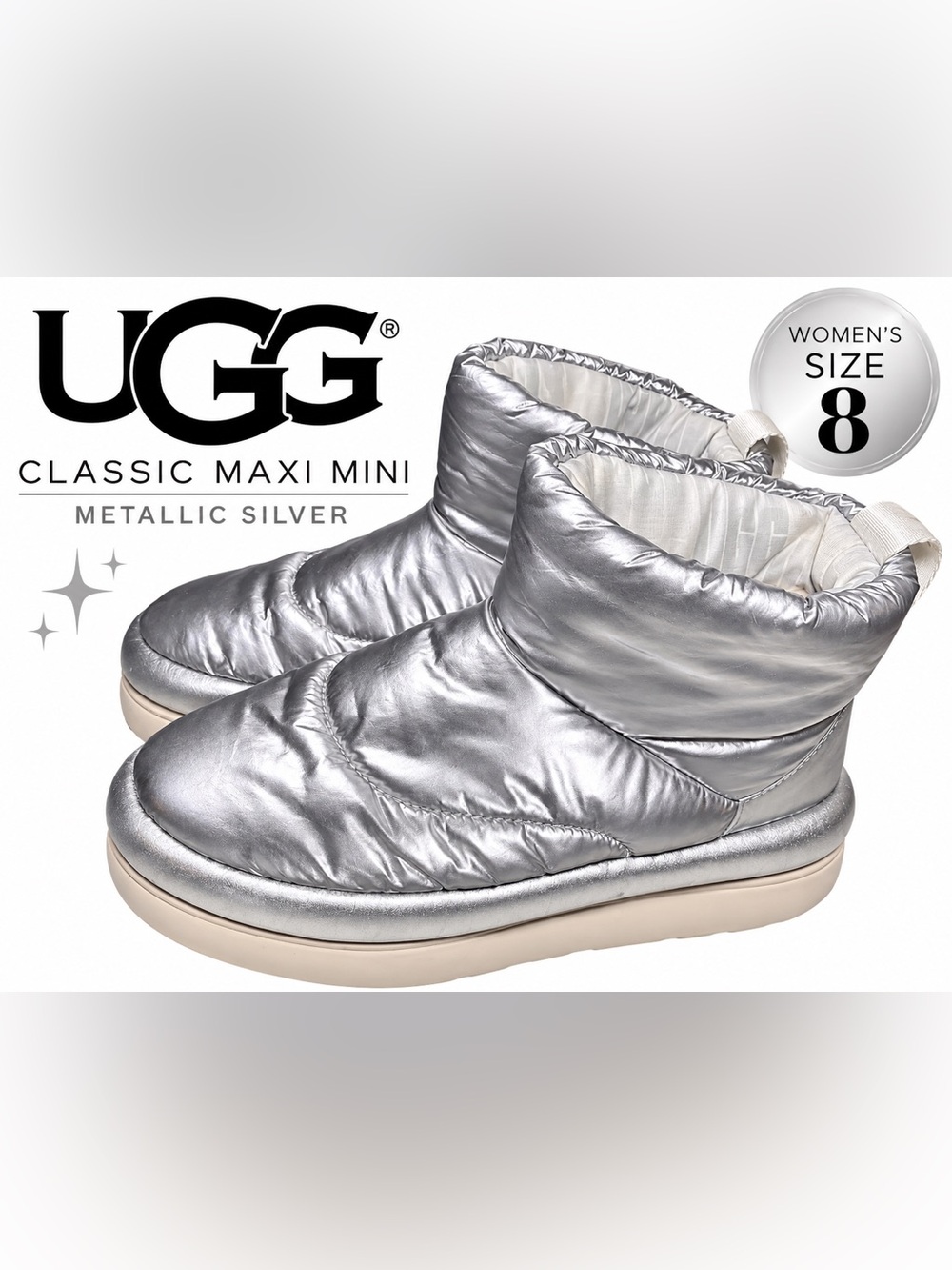 UGG Classic Maxi Mini Metallic Silver Puffer Platform Boots Winter Boots Ski US8